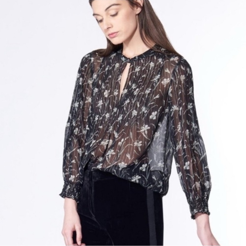 Veronica Beard Walker Peasant Silk Blend Black Floral Sheer Top Size 10 EUC (TC)
